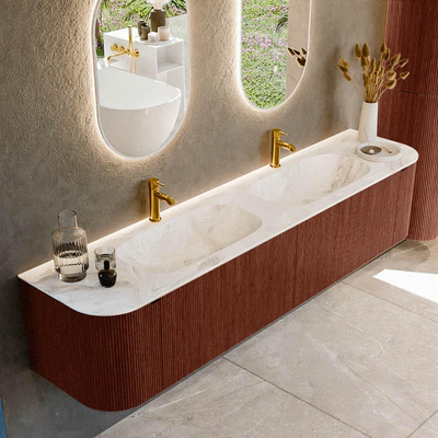 Mondiaz KURVE-DLUX Badkamermeubelset - 200x46x40cm - 2 lade - 2 deuren - wastafel solid surface - dubbel - 2 kraangaten - Ruby
