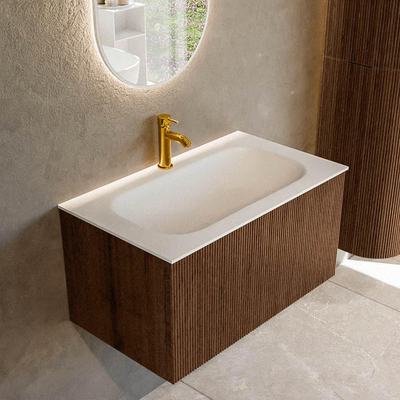 MONDIAZ KURVE 80cm badmeubel kleur Walnut met 1 lade. Wastafel BIG SMALL midden 1 kraangat Talc.