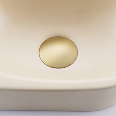 QeramiQ Fuente Fonteinset - 40x21.5x12cm - glad - halfrond - zonder kraangat - keramiek - fonteinkraan geborsteld messing - afvoerplug - verlaagd sifon - beige