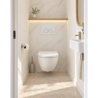 QeramiQ Dely Swirl Compact Toiletset - inbouwreservoir Geberit UP320 - met Burda frame - 25mm zitting - natuurstenen bedieningsplaat marmer wit - ronde knoppen - glans wit