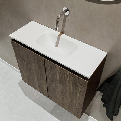 MONDIAZ TURE Fonteinset - 60x23x50cm - 0 kraangaten - 2 deuren - dark brown mat - Wasbak midden - Solid Surface Wit