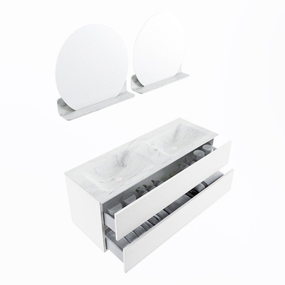 Mondiaz VICA-DLUX ensemble de meuble de salle de bain - 130cm - meuble sous lavabo talc - 2 tiroirs - lavabo encastré cloud double - sans trous de robinet - version haute de 60cm - opalo