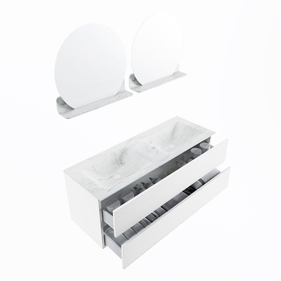 MONDIAZ VICA-DLUX Ensemble meuble de salle de bains - 130cm - meuble bas Talc - 2 tiroirs - vasque encastrée Cloud double - sans trous de robinet - version haute 60cm - Opalo