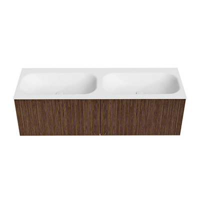 MONDIAZ KURVE 140cm Meuble salle de bain - couleur Walnut - 2 tiroirs - vasque BIG SMALL double - sans trous de robinet - Talc