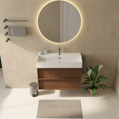 Saniclass Holz Frame Ensemble de meubles de salle de bains - 100x45x72cm - Legend lavabo en céramique blanc mat - 1 vasque - 1 trou de robinet - 2 tiroirs - noyer pur mat (bois)