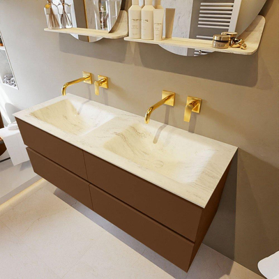 Mondiaz VICA-DLUX ensemble de meuble de salle de bain - 130cm - meuble sous-vasque repos - 4 tiroirs - lavabo encastrée cloud double - sans trous de robinet - version haute de 60cm - opalo