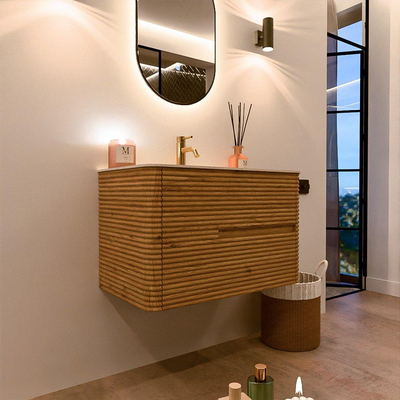 Mondiaz CIRO-DLUX Badkamermeubelset - 80x45x50cm - Solid surface wastafel Meli - 1 wasbak Midden - 1 kraangat - 2 lades - Oak