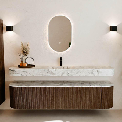 MONDIAZ THOR-DLUX 190cm badmeubel ronding links + rechts kleur Walnut met 2 lades en 2 deuren. Vrijhangende wastafel CLOUD Midden 1 kraangat kleur Glace.