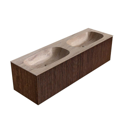 MONDIAZ KURVE-DLUX meuble de salle de bains 150cm couleur Walnut avec 2 tiroirs et 0 porte. Lavabo STOR SMALL Double 2 trous de robinet Saba.