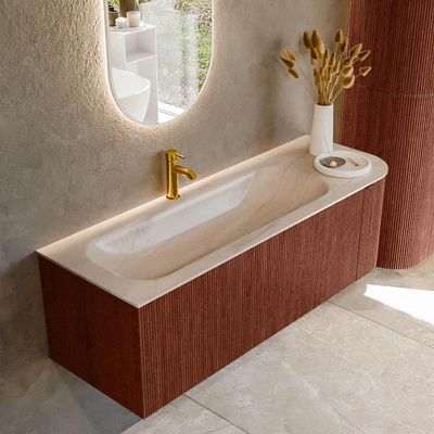 MONDIAZ KURVE-DLUX 135cm badmeubel ronding Rechts kleur Ruby met 1 lade en 1 deur. Wastafel BIG MEDIUM Links 1 kraangat Meli.