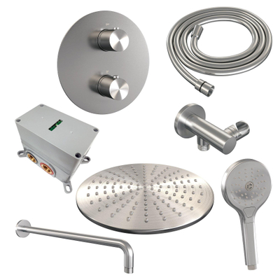 BRAUER Brushed Edition thermostatische Inbouw Regendouche - 3-weg - rond - set 82 - 30cm hoofddouche - gebogen muurarm - 3-standen handdouche - doucheslang - wandaansluitbocht - RVS geborsteld PVD
