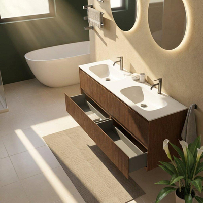 Saniclass Holz Atelier Ensemble meuble de salle de bains - 160x45x61.5cm - lavabo Flow en solid surface blanc - 2 vasques - 2 trous de robinetterie - 4 tiroirs - noyer pure mat (bois)