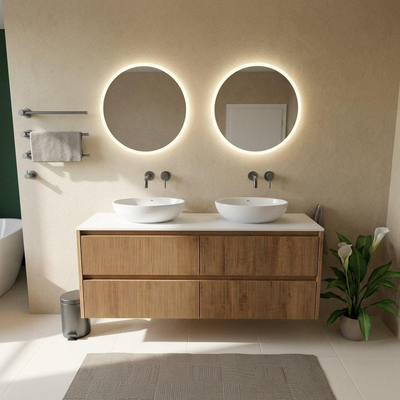 Saniclass Holz Atelier Ensemble de meubles de salle de bains - 160x45x62.5cm - Plan de toilette Torino en solid surface blanc - sans trou de robinetterie - 4 tiroirs - chêne natural mat (bois)