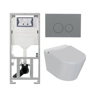 QeramiQ Luma Ensemble WC-douche - réservoir encastré Geberit UP320 - avec châssis Burda - sèche-cheveux - douchette féminine - plaque de commande gris clair - boutons ronds - blanc brillant