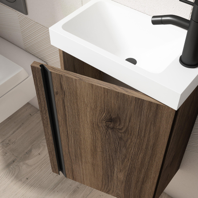 Saniclass Chaci Ensemble meuble lave-mains - 40x55cm - 1 porte - lavabo fontaine en marbre minéral - avec miroir rectangulaire - noyer