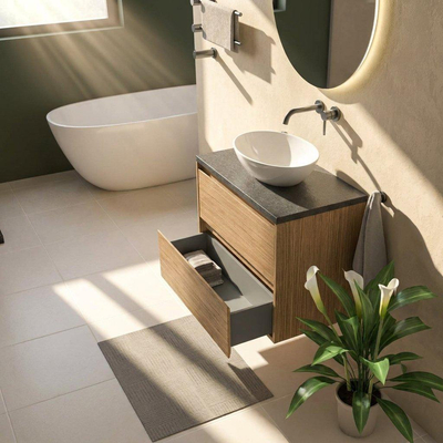 Saniclass Holz Pure Ensemble de meubles de salle de bains - 80x45x63cm - plan vasque en basalte Noche poli (noir) - sans trou de robinet - 2 tiroirs - chêne natural mat (bois)