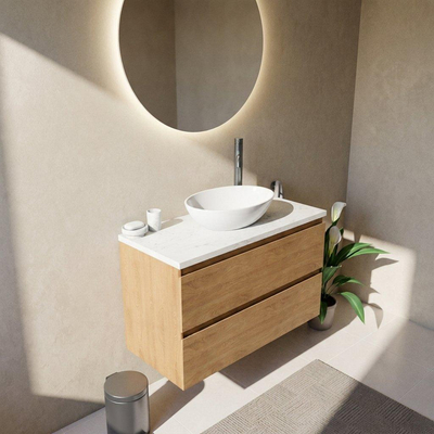 Saniclass Holz Pure Ensemble de meubles de salle de bains - 100x45x63cm - Plan vasque en marbre Dia poli (blanc) - 1 trou de robinetterie - 2 tiroirs - chêne natural mat (bois)