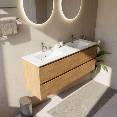 Saniclass Holz Pure Ensemble de meubles de salle de bains - 160x45x62cm - Lavabo Vygo en céramique blanc - 2 vasques - 2 trous de robinetterie - 4 tiroirs - chêne natural mat (bois)