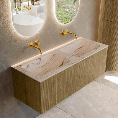 MONDIAZ KURVE-DLUX meuble de salle de bains 120cm couleur Dusk avec 1 tiroir et 0 porte. Lavabo LEAF Double sans trou de robinet Nata.