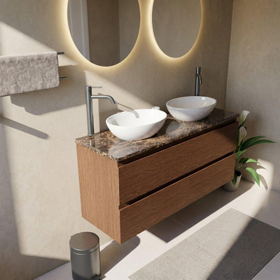 Saniclass Holz Pure Ensemble de meubles de salle de bains - 140x45x63cm - Plan de travail en pierre naturelle Noche dark emperador - 2 trous de robinet - 4 tiroirs - walnut pure mat (bois)