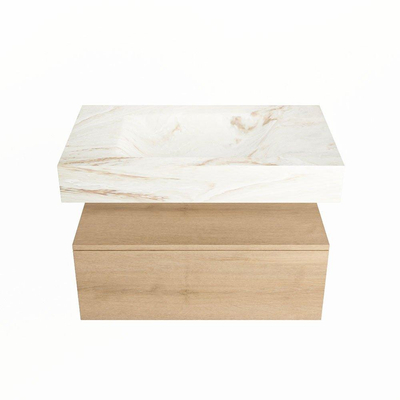 Mondiaz ALAN-DLUX Ensemble de meuble - 80cm - meuble Washed Oak mat - 1 tiroir - Lavabo Cloud Frappe suspendu - vasque Centre - 0 trous de robinet