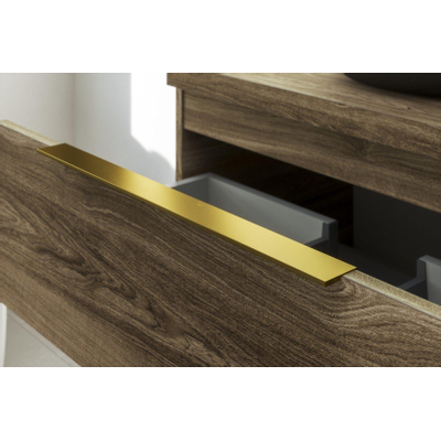 Thebalux Type onderbouwkast 120x45x50cm opbouwgreep messing 2 softclose lades standaard greep 1x uitsparing rechts MDF spaanderplaat congo brown met slimline wastafel 1 kraangat keramiek wit glans SHOWROOMMODEL