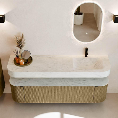 MONDIAZ THOR-DLUX 170cm meuble de salle de bains arrondi gauche + droite couleur Dusk avec 1 tiroir et 2 portes. Vasque suspendue CLOUD Droite 1 trou de robinet couleur Opalo.