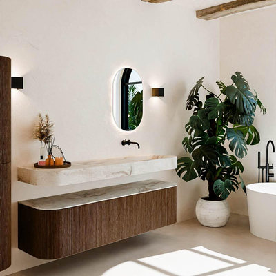 MONDIAZ THOR-DLUX 170cm meuble de salle de bains arrondi gauche + droite couleur Walnut avec 1 tiroir et 2 portes. Vasque suspendue CLOUD Droite sans trou de robinet couleur Frappe.