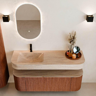 MONDIAZ THOR-DLUX 140cm meuble de salle de bains arrondi gauche + droite couleur Ruby avec 1 tiroir et 2 portes. Vasque suspendue CLOUD Gauche 1 trou de robinet couleur Saba.