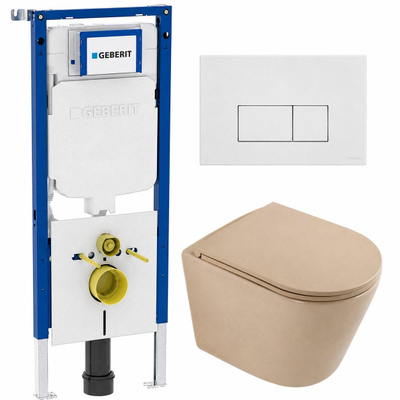 QeramiQ Dely Toiletset - 36.3x51.7cm - Geberit UP720 inbouwreservoir - rimless - diepspoel - zitting - softclose - bedieningsplaat glans wit - rechthoekige knoppen - mat beige