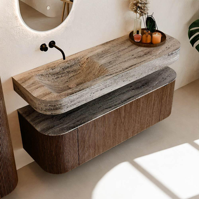 MONDIAZ THOR-DLUX 140cm badmeubel ronding links + rechts kleur Walnut met 1 lade en 2 deuren. Vrijhangende wastafel CLOUD Links zonder kraangat kleur Oza.