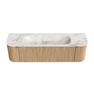 MONDIAZ KURVE-DLUX meuble de salle de bains 160 cm avec module 25 Len R couleur Chêne avec 1 tiroir et 2 portes. Plan-vasque BIG MEDIUM central sans trou de robinetterie couleur Frappe.
