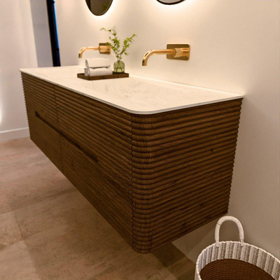 Mondiaz CIRO-DLUX Meuble de salle de bains - 150x45x50cm - plan vasque Solid Surface Opalo - 2 bassins Double - sans trous de robinetterie - 4 tiroirs - Dusk