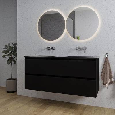 Saniclass Chaci Ensemble meuble de salle de bains - 120x46x55cm - lavabo céramique noir - 2 vasques - sans trous de robinet - 2 tiroirs - noir mat