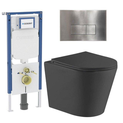 QeramiQ Dely Toiletset - 36.3x51.7cm - diepspoel - rimless - Geberit UP720 inbouwreservoir - softclose toiletzitting - steel bedieningsplaat - rechtehoekige knoppen - met Burda frame - mat zwart