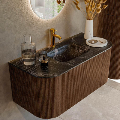MONDIAZ KURVE-DLUX 100cm badmeubel met module 25 Len R kleur Walnut met 1 lade en 2 deuren. Wastafel GRUNNE midden 1 kraangat kleur Lava.