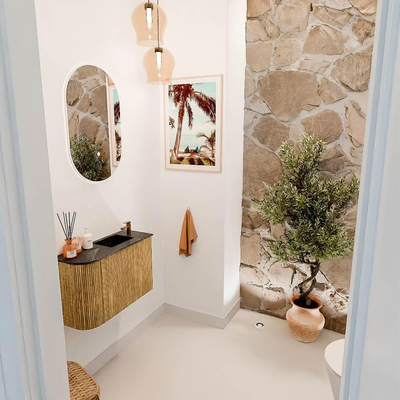 Mondiaz JOYA-DLUX 61.6cm toiletmeubel - ronding links kleur Oak - Wastafel FAYE positie Rechts 1 kraangat kleur Lava.