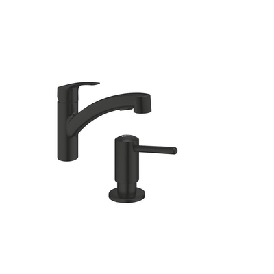 GROHE Eurosmart Ensemble de robinet de cuisine - 22,7 cm - bec pivotant - 2 types de jets - distributeur de savon - noir mat