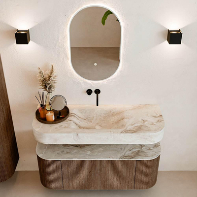 MONDIAZ THOR-DLUX 120cm meuble de salle de bains arrondi gauche + droite couleur Walnut avec 1 tiroir et 2 portes. Vasque suspendue CLOUD Milieu sans trou de robinet couleur Frappe.