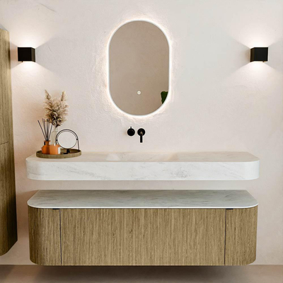 MONDIAZ THOR-DLUX 160cm meuble de salle de bains arrondi gauche + droite couleur Dusk avec 1 tiroir et 2 portes. Vasque suspendue CLOUD Milieu sans trou de robinet couleur Opalo.