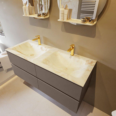 Mondiaz VICA-DLUX ensemble de meuble de salle de bain - 120cm - meuble sous-vasque fumée - 4 tiroirs - lavabo encastré nuage double - 2 trous de robinet - version haute 60cm - frape