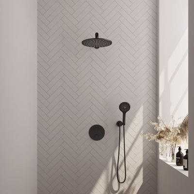BRAUER Black Carving douche de pluie encastrée thermostatique - 3 voies - ronde - set 80 - pomme de douche 30cm - bras de douche mural droit - douchette 3 jets - flexible de douche - coude d'alimentation mural - noir mat