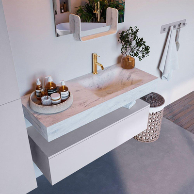 Mondiaz ALAN-DLUX Ensemble de meuble - 110cm - meuble Cale mat - 1 tiroir - Lavabo Cloud Opalo suspendu - vasque Droite - 1 trou de robinet