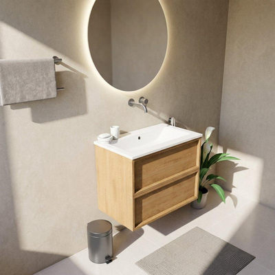 Saniclass Holz Frame Ensemble meuble de salle de bains - 80x45x77.5cm - lavabo Torino en solid surface blanc - sans trou de robinet - 2 tiroirs - chêne natural mat (bois)