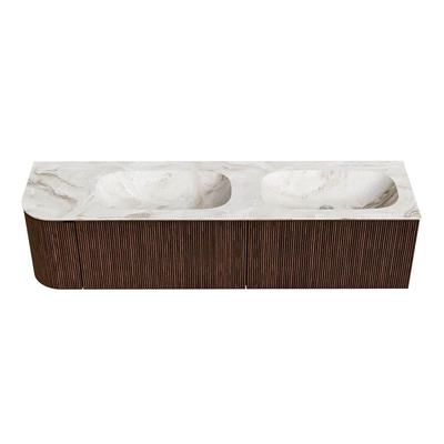 MONDIAZ KURVE-DLUX meuble de salle de bains 175 cm avec module 25 L couleur Walnut avec 2 tiroirs et 1 porte. Lavabo STOR SMALL double / droite sans trou de robinet couleur Frappe.