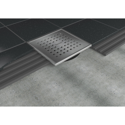 Easy Drain Aqua Plus Quattro siphon de sol avec finition en acier inoxydable avec grille en acier inoxydable et sortie latérale 15x15cm profondeur d’installation 73 106mm garde d’eau 50 à 25mm