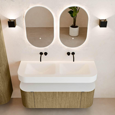 MONDIAZ THOR 130cm meuble de salle de bains arrondi gauche + droite couleur Dusk avec 1 tiroir et 2 portes. Vasque suspendue CLOUD Double sans trou de robinet couleur Talc.