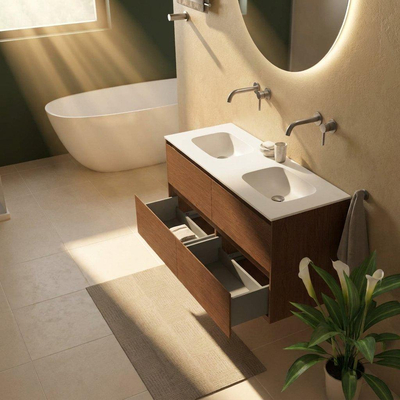 Saniclass Holz Pure Ensemble meuble de salle de bains - 120x45x61.5cm - Flow lavabo en solid surface blanc - 2 vasques - sans trous de robinetterie - 4 tiroirs - noyer pure mat (bois)