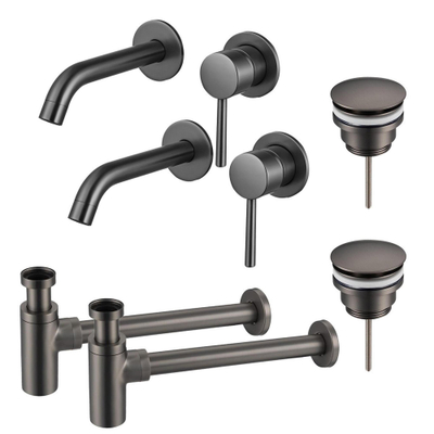 FugaFlow Eccelente Sobrado Badkamer Wastafelkraanset - voor dubbele wastafel - inbouw wastafelkraan - klikwaste plug - design sifon - PVD Gepolijst Gunmetal