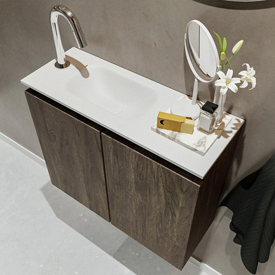 MONDIAZ TURE Fonteinset - 60x23x50cm - 1 kraangat - 2 deuren - dark brown mat - Wasbak links - Solid Surface Wit